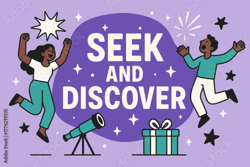 Discover Adventure Banner. Seek and discover banner, flat vector illustration, bold oversized text inside rounded blob, cartoon characters shouting and