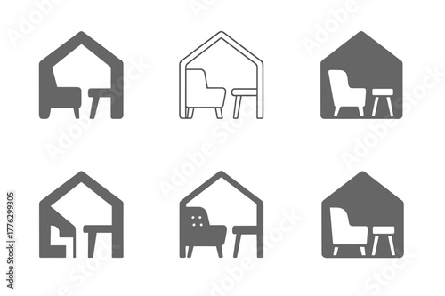 Home Staging Logos. Home staging for selling. Set Logo of home staging for selling: neutral palette furniture layout. Icon set. harmonious logo variations of