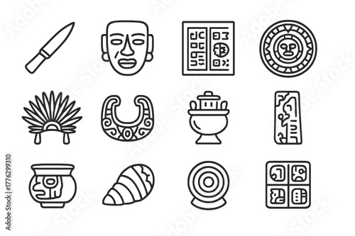 Mesoamerican Icon Set. Mesoamerican relics. Line icon set of Mesoamerican relics: obsidian blade, jade mask, codex page, calendar stone, feather headdress,