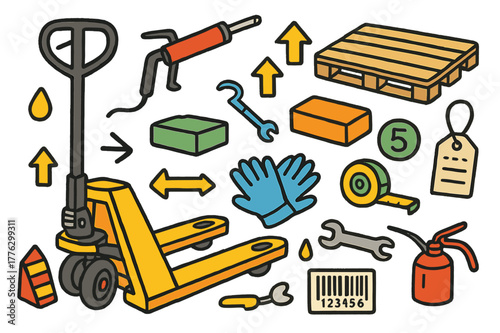 Colorful Pallet Jack Doodle. Pallet jack. Colorful Hand-drawn doodle Children illustration Pallet jack manual jack, handle, forks, grease gun, wooden pallet,