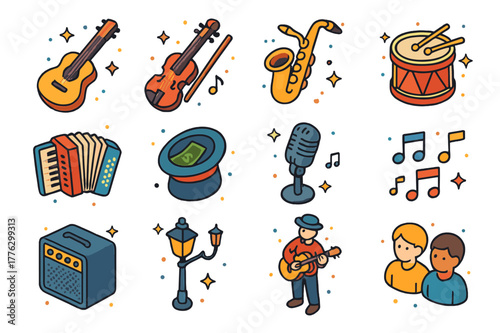 City Musician Icons. City musician. Colorful isometric vector icons set of city musician: guitar, violin, saxophone, drum, accordion, hat for tips, microphone,