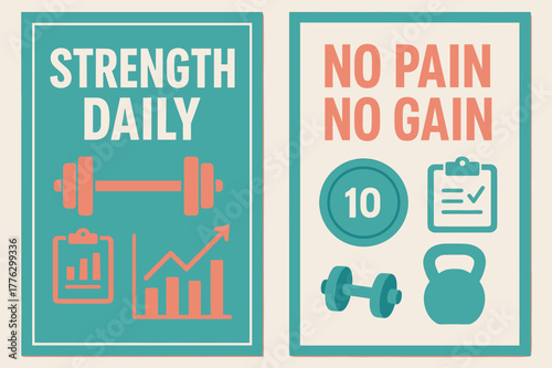 Strength Motivation Banners. Strength daily. Two vertical A6 banners with safe margins, centered composition, no elements touching edges, modern, turquoise and