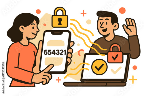 Secure Digital Connection. Two-Factor Authentication. A smartphone displays a 6-digit code while a laptop in