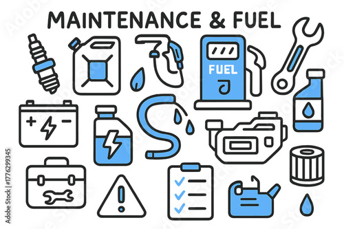 Maintenance Icons Doodle. // Maintenance & fuel. Hand-drawn doodle illustration Maintenance & fuel [fuel pump (accented), jerry can (accented), spark plug,