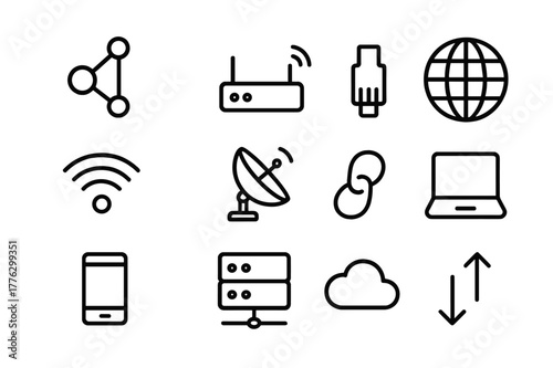 Networking Icon Grid. Networking and connectivity. Line icon set of networking: network nodes, router, ethernet plug, wifi signal, satellite dish, globe, link