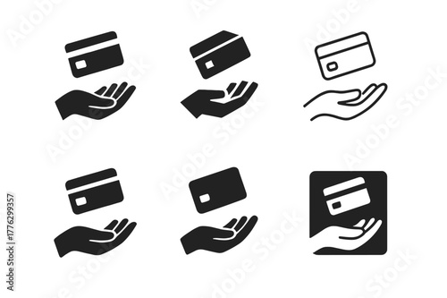 Debt Relief Icons. Paying off debts and credit obligations. Set Logo of credit relief: hand releasing credit card. Icon set. harmonious logo variations of the
