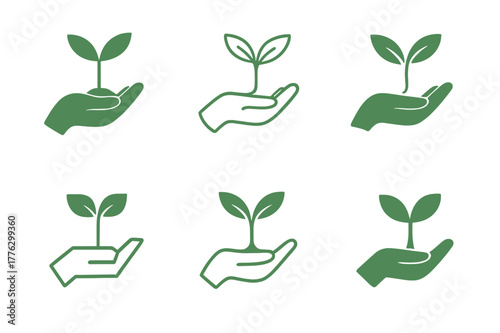 Nature Therapy Emblem. Nature-based therapies for mental health. Set Logo of Nature-based therapies for mental health: hand holding sprouting plant. Icon set.