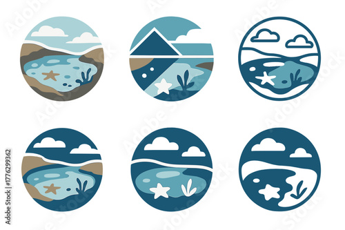 Tidal Pool Logos. Tidal pools and their diverse aquatic life. Set Logo of tidepool reflection: rock pool with mirrored sky. Icon set. harmonious logo