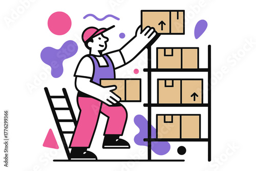 Geometric Warehouse Efficiency. Restocking Supplies. Warehouse worker placing boxes on high shelves with floating abstract geometric shapes, efficient and