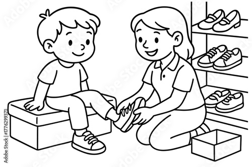 Shoe Fitting Fun. Shoe fitting children?s coloring book illustration, outlined drawing, child trying on shoes