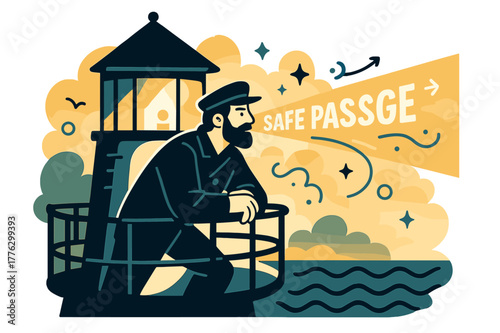 Lighthouse Guardian Scene. Lighthouse lookout. A keeper leans on the rail as the beam cuts through warm haze; ?Safe passage? arcs along the light. Waves make