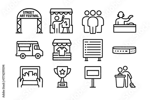 Street Art Icon Set. Street Art Festival. Line icon set of Street Art Festival: festival arch, live painting stage, audience crowd, DJ booth, food truck, merch