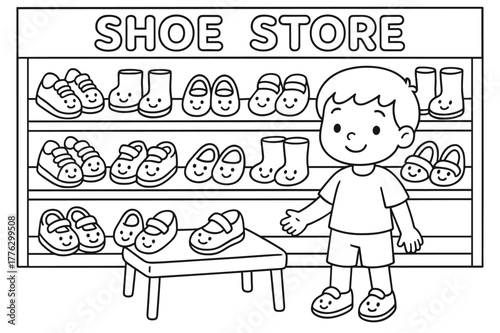 Smiling Shoe Store. Shoe store children?s coloring book illustration, outlined drawing, cartoon shop with