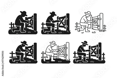 Farm Fence Logos. A farmer repairing a wooden fence in a field. Set Logo of A farmer repairing a wooden fence in a field: hinge and latch on wooden gate. Icon