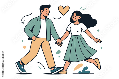Stylized Romantic Stroll. Couple?s May stroll. Coordinated neutrals with pastel pops?his lightweight overshirt, her pleated skirt; intertwined hands and a