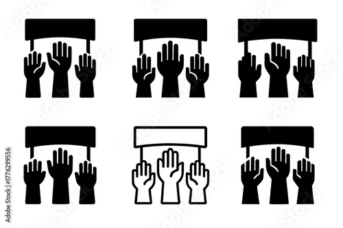 Volunteering Logo Variations. Volunteering. Set Logo of Volunteering: hands raising banner together. Icon set. harmonious logo variations of the same