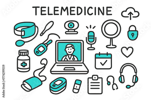 Telemedicine Essentials Hub. // Telemedicine corner. Hand-drawn doodle illustration telemedicine corner [laptop with doctor call (accented), HD