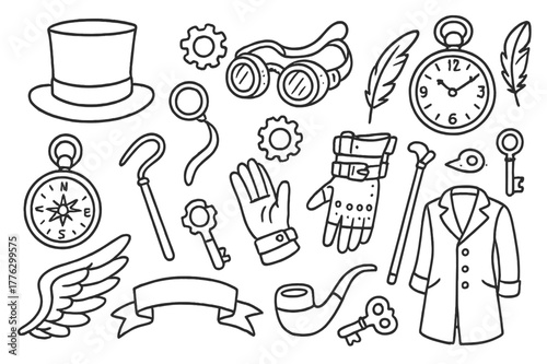 Steampunk Accessory Doodles. Steampunk accessories. Hand-drawn doodle illustration Steampunk accessories top hat, goggles, gear, clock, feather, monocle,