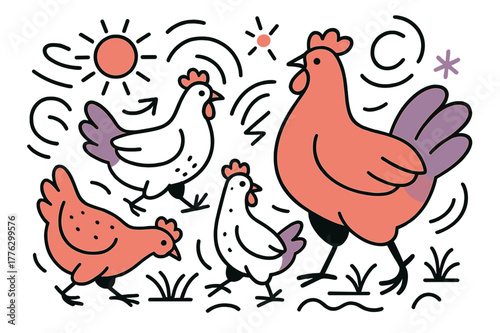 Vibrant Free-Range Chickens. Free-range chickens. Glowing hens roaming a farmyard with abstract lines and