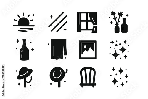 Golden Hour Icons. Golden Hour Window Light. Solid icons set of Golden Hour Window Light: low sun, warm rays, long shadows, window frame, dried flowers, amber