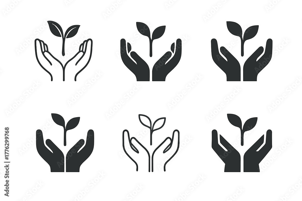Fototapeta premium Hands Nurturing Sprout. Community-first branding. Set Logo of Community-first branding: open hands nurturing sprout. Icon set. harmonious logo variations of