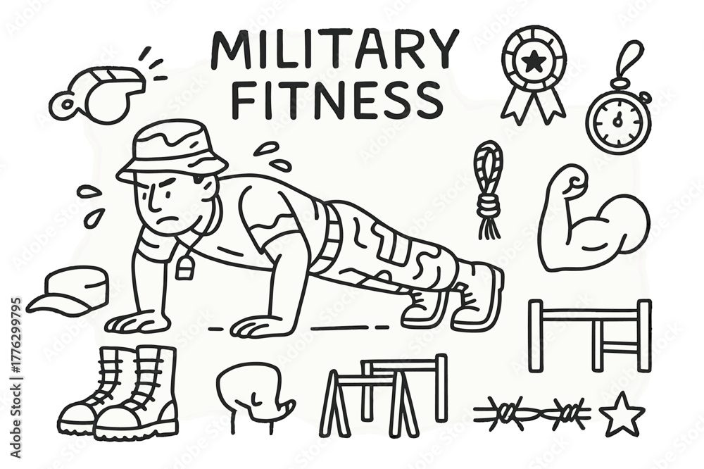 Obraz premium Military Fitness Doodles. Military fitness. Hand-drawn doodle illustration military fitness soldier, push-up pose, whistle, stopwatch, boots, hat, obstacle