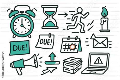 Deadline Rush Icons. // Deadline crunch. Hand-drawn doodle illustration Deadline crunch [alarm clock (accented), hourglass (accented), calendar with red circle