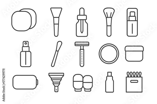 Eco-Friendly Beauty Icons. Eco-friendly beauty tools. Line icon set of eco-friendly beauty tools: reusable cotton pads, silicone mask applicator, glass dropper