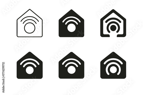 Smart Hub Emblem Variations. Radical new takes on home automation and living spaces. Set Logo of smart home hub: glowing orb controller with signal rings. Icon