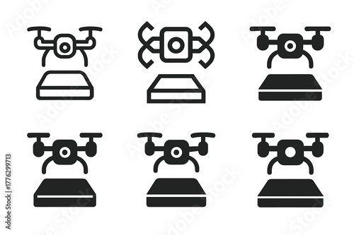 Music Video Logo Variations. Music video shoots and production. Set Logo of Music video shoots and production: drone camera over stage. Icon set. harmonious