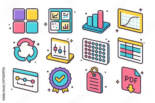 Colorful Dashboard Icons. Experimental results dashboards. Colorful isometric vector icons set of Experimental results dashboards: KPI tiles, multi-panel