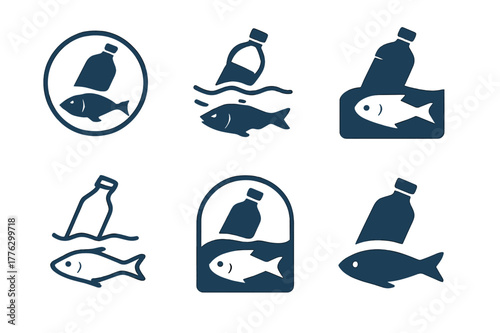 Pollution Wildlife Logos. Pollution and wildlife. Set Logo of Pollution and wildlife: fish swimming past a floating bottle. Icon set. harmonious logo