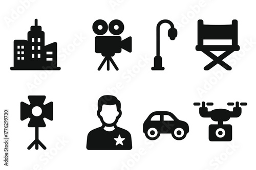 Urban Filmmaking Icons. Urban filmmaking. Filled icon set of urban filmmaking: city skyline, film camera,