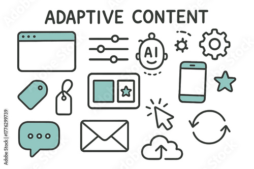 Adaptive Content Icons. // Adaptive content. Hand-drawn doodle illustration Adaptive content [browser window (accented), sliders (accented), gear, AI face,