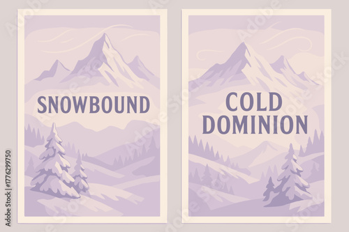 Frozen Peaks Banners. Frozen Peaks. Two vertical A6 banners with safe margins, centered composition, no elements touching edges, pastel, lavender and cream,