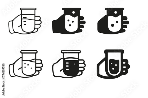 Scientific Experiment Logos. Students participating in hands-on experiments. Icon set. Set Logo of students participating in hands-on experiments: gloved hand