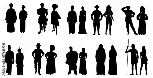 Silhouette people of world in different traditional costumes set