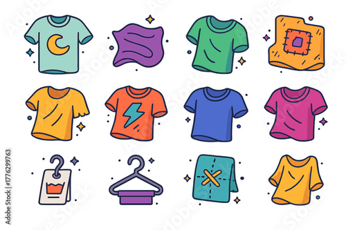 Colorful T-Shirt Icons. Worn T-shirt. Colorful isometric vector icons set of Worn T-shirt: faded cotton tee, wrinkled fabric fold, loose neckline, small hole