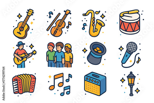 Isometric Music Icons. Outdoor musician. Colorful isometric vector icons set of outdoor musician: guitar, violin, saxophone, drum, accordion, hat for tips,