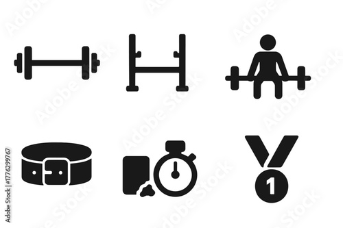 Powerlifting Icon Set. Powerlifting. Filled icon set of powerlifting: barbell, squat rack, deadlift stance,