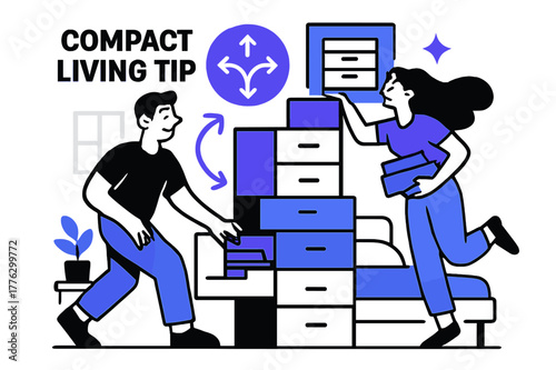 Efficient Tiny Apartment Design. Compact living tip. Tiny apartment scene with modular drawers and efficient