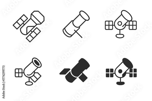 Space Telescope Logos. space telescopes. Set Logo of space telescopes: orbital telescope with solar panels. Icon set. harmonious logo variations of the same