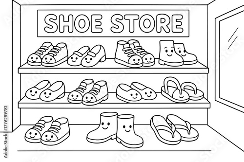 Smiling Shoe Store. Shoe store children?s coloring book illustration, outlined drawing, cartoon shop with
