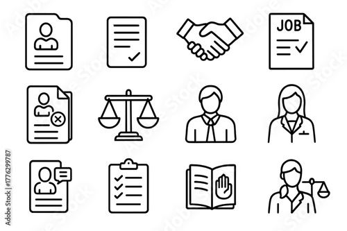 Employment Law Icons. Employment Law. Line icon set of Employment Law: employee file, contract document, handshake, job offer paper, termination notice,
