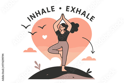 Sunset Yoga Serenity. Sunset yoga. A character holds tree pose atop a gentle hill; the sun melts into a heart-shaped gradient. ?Inhale ? Exhale? arcs as birds