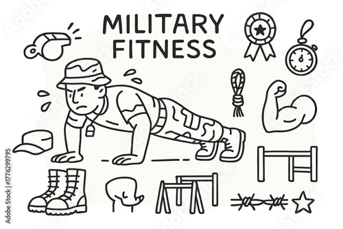 Military Fitness Doodles. Military fitness. Hand-drawn doodle illustration military fitness soldier, push-up pose, whistle, stopwatch, boots, hat, obstacle