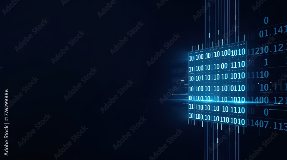 Fototapeta premium An abstract, futuristic digital composition depicting a microchip (processor) with connected circuits, immersed in a binary code environment and emitting light.