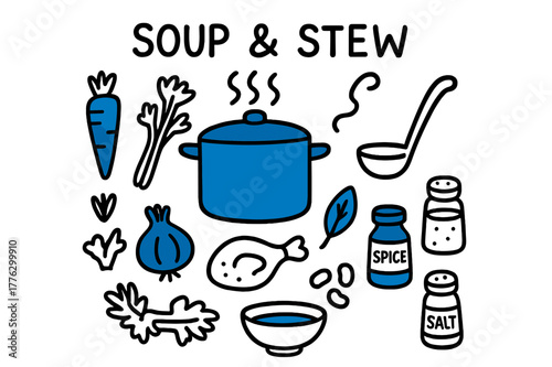 Cartoon Soup Ingredients. // Soup and stew. Hand-drawn doodle illustration Soup and stew [stockpot (accented), ladle, carrots (accented), celery, onion