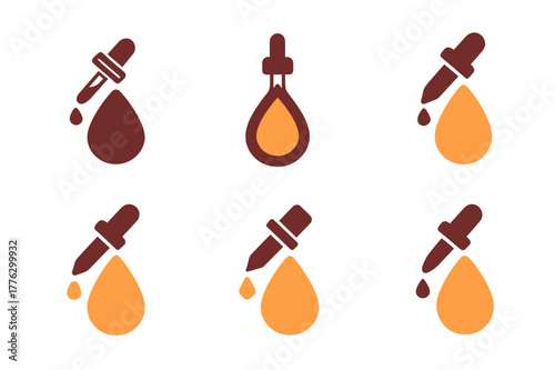 Logo Harmony Grid. Beauty blender and foundation. Set Logo of dropper blend: serum dropper meeting sponge tip. Icon set. harmonious logo variations of the same