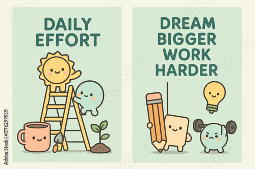 Kawaii Motivational Banners. Daily effort. Two vertical A6 banners with safe margins, centered composition, no elements touching edges, kawaii, pastel mint and